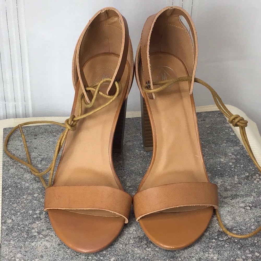 🌵 Missguided Tan Faux Leather Ankle Tie Laces Block Heel Sandals Sz.8 - Picture 7 of 8